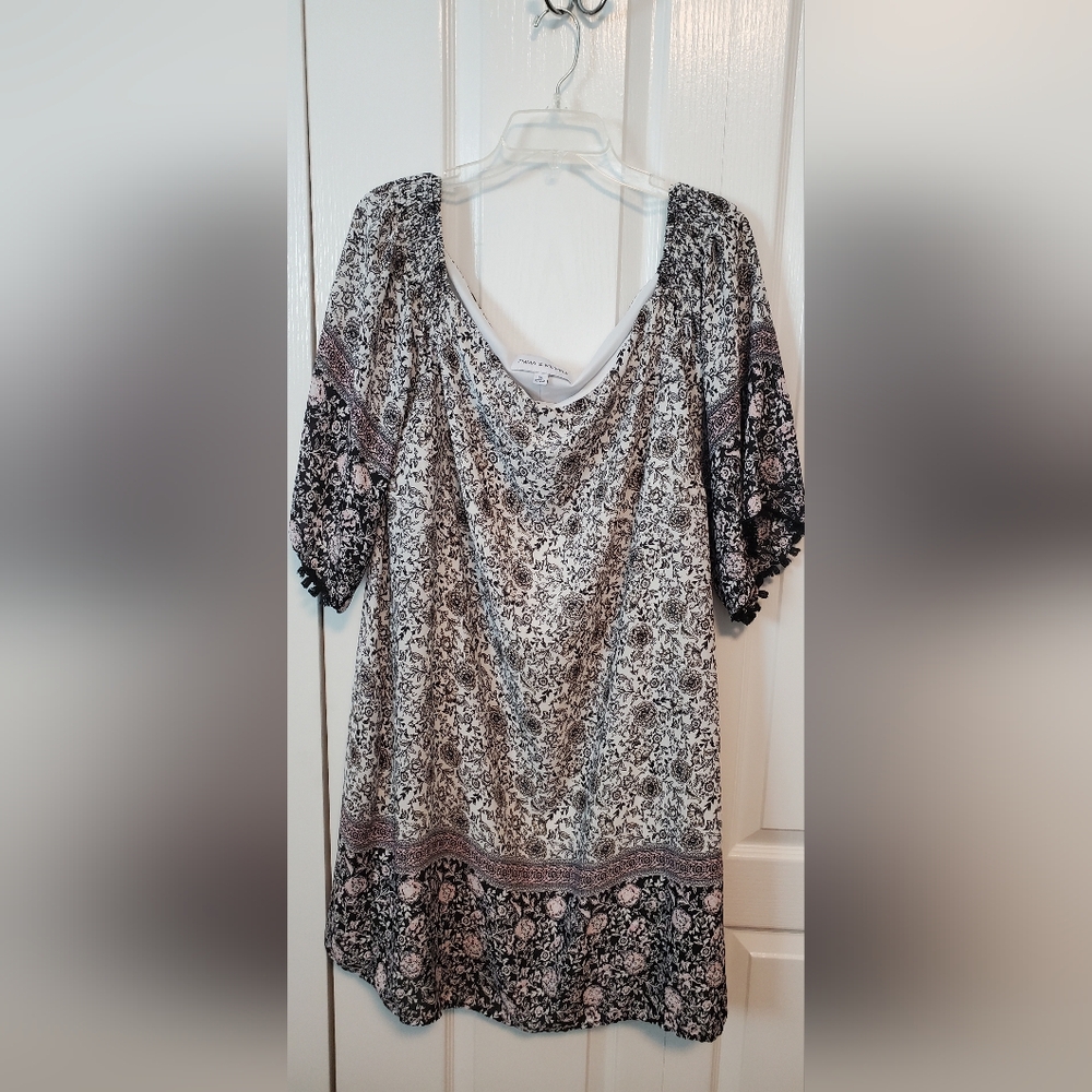 Emma & Michele Floral Off The Shoulder Fringe Trim Dress- Size 2X
